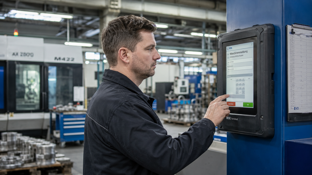 Mitarbeiter erfasst Produktionsdaten an einem BDE-Terminal in der Fertigung